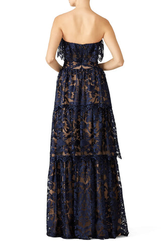 ML Monique Lhuillier Midnight Strapless Lace Tiered Evening Gown Navy Women's 0