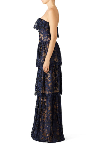 ML Monique Lhuillier Midnight Strapless Lace Tiered Evening Gown Navy Women's 0
