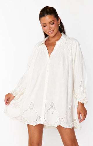 NWT Show Me Your Mumu Leona Mini Swing Shirt Dress White Lace Embroidery Small