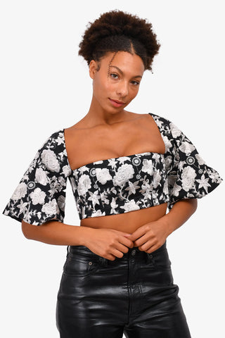 Alexis Jacquard Floral Flare Sleeve Corset Crop Top Black White Women's Large
