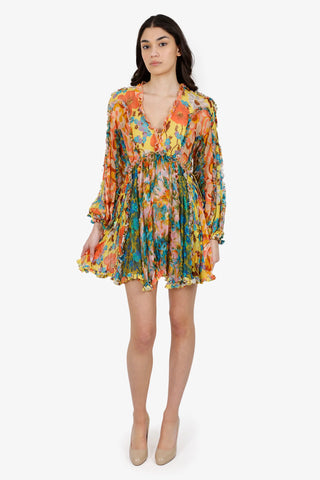 NWT Zimmermann Estelle Billow V-Neck Chiffon Mini Dress Spliced Floral Womens 4