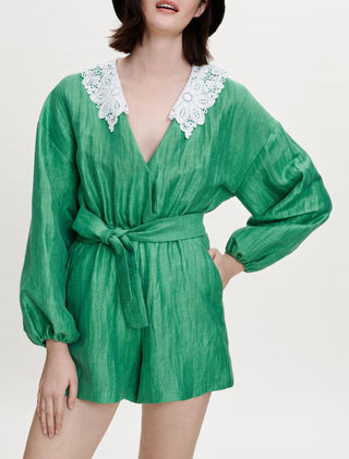 Maje Long Sleeve V-Neck Wide Leg Short Belted Romper Green Women's Size 8