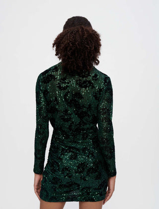 NWT Maje Sequin-Embroidered Long Sleeve Bodycon Mini Dress Green 34 FR / US 2