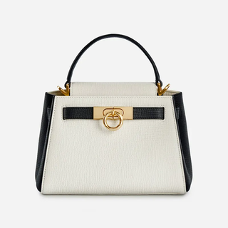 Parisa Wang Madison Colroblock Leather Top Handle Satchel Bag Cream Black