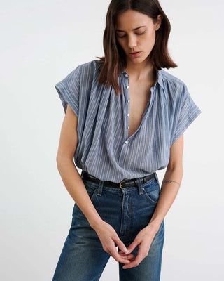 Nili Lotan Normandy Short Sleeve Collared Blouse Navy White Women's Size Small