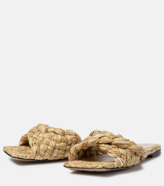 Bottega Veneta Raffia Stretch Slip On Square Flat Slides Sandals Beige Womens 40