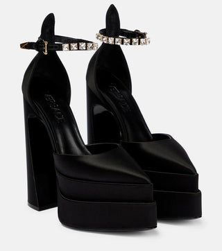 Versace Aevitas Pointy Satin Ankle Strap Platform Pumps Black Women's EU 38.5