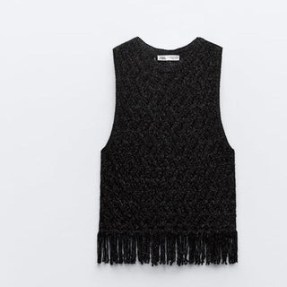 Zara Crochet Metallic Thread Sleeveless Fringe Tank Top Black Women's Size Small