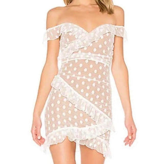 Majorelle Bandit Polka Dot Off-Shoulder Mesh Overlay Bodycon Mini Dress White XS