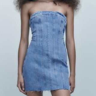 Zara Cotton Blend Strapless Bandeau Raw Hem Denim Mini Dress Blue Womens Size XS