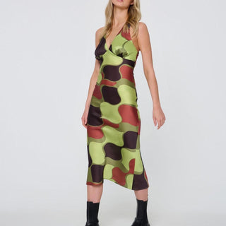 NWT Another Girl Satin Circle Trim Halter Midi Slip Dress Green/Brown Women's 6