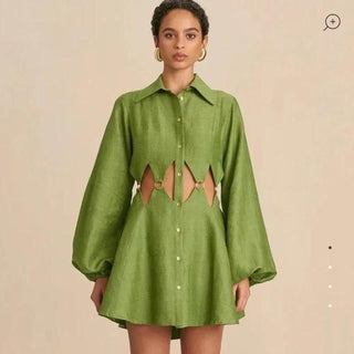 Cult Gaia Bey Long Sleeve Waist Cutout Mini Shirtdress Olive Green Womens Small