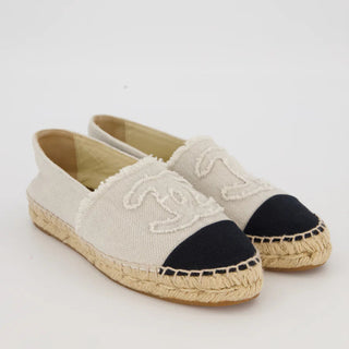 Chanel CC Canvas Slip On  Espadrilles Loafer Flat with CC Logo Ecru Black EU 41