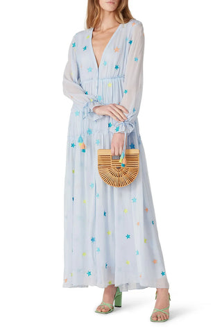 Rococo Sand Embroidered Colorful Star Long Sleeve Boho Maxi Dress Light Blue S