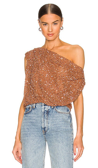 NWT Retrofete Embellished Sequin Ruched Draped Blouse Bronze Brown Womens XS