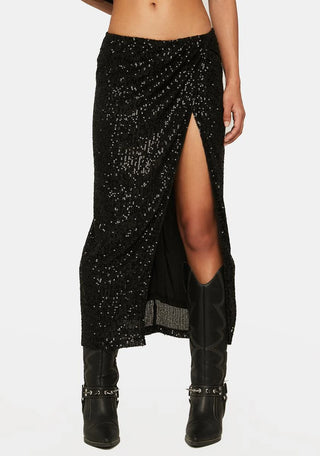 Lioness Almost Famous Low Rise Sequin A-Line Midi Skirt Black Women's Size XS