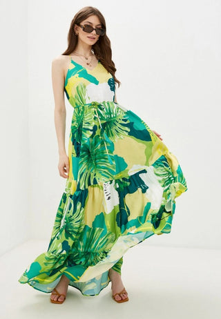 Guess Angelica Floral Satin Tiered Maxi Sundress Green Yellow Women's Medium
