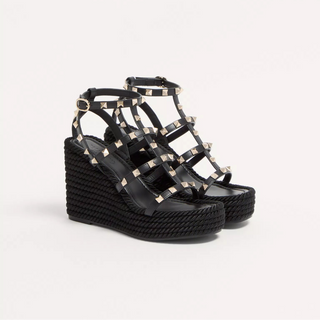 Valentino Garavani Calfskin Leather Rockstud Wedge Espadrille Sandals Black 39