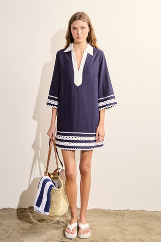 English Factory Ric Rac Tunic A-Line Mini Dress Navy White Women's Size Small