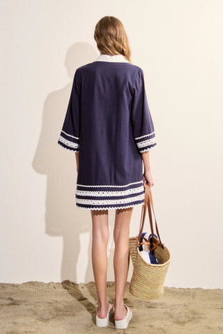 English Factory Ric Rac Tunic A-Line Mini Dress Navy White Women's Size Small