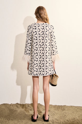 NWT English Factory Crochet Feather Trim Mini Shift Dress Cream Black Women's S