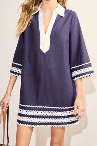 English Factory Ric Rac Tunic A-Line Mini Dress Navy White Women's Size Small