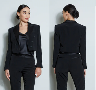 Elie Tahari Long Sleeve Open Front Tuxedo Crop Blazer Jacket Black Women Size 6
