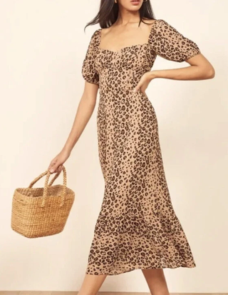 Reformation Hannah Leopard Print Puff Sleeve A-Line Midi Dress Feline Women's 4