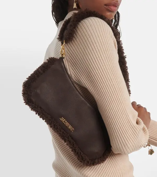 Jacquemus Le Bisou Doux Small Leather Shoulder Gag with Fuzzy Strap Brown