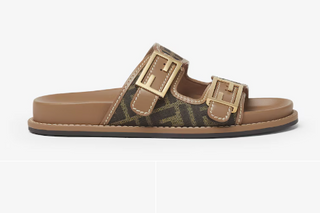 Fendi FF Fabric Logo Zucca Flat Slides Sandasls Brown Women's Size 40.5/US 10.5