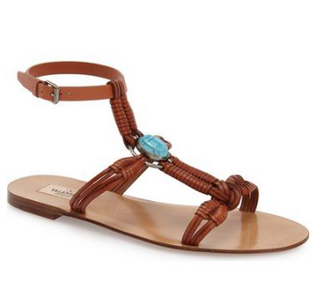 Valentino Turquoise Scarab Leather Ankle Strap Flat Sandals Brown Womens 39/US 9