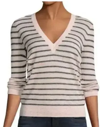 Veronica Beard Dean Striped Linen Blend V-Neck Sweater Pink/Black Women's Size S