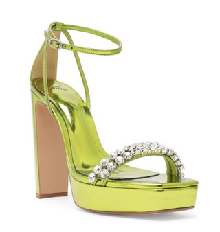 Alexandre Birman Lenny Metallic Leather Crystal Platform Sandals Avocado EU 36.5