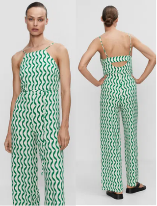 Mango Geometric Sleeveless Straight Leg Jumpsuits Green/White Women's Medium