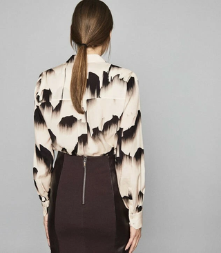 Reiss Lea Glacier Print Twin Pocket Button-Up Blouse Cream/Black Women Size 6