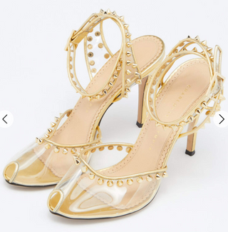 Charlotte Olympia Gold Studded PVC & Leather Soho Peep Toe Sandals Women's EU 42