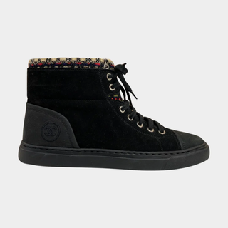Chanel Suede with Tweed Trimmed Lace Up High Top Sneakers Black Women's EU 41.5
