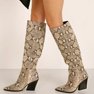 Dolce Vita Isobel Snake Print Leather Heeled Knee High Boots Beige Women's US 8.5