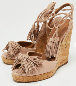 Aquazzura Wild One Suede Cork Tassel Wedge Sandals Vintage Pink Women's EU 39