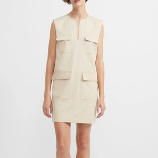 Theory Stretch Split Neck Utilitarian Chino Shift Mini Dress Cream Womens Size 4