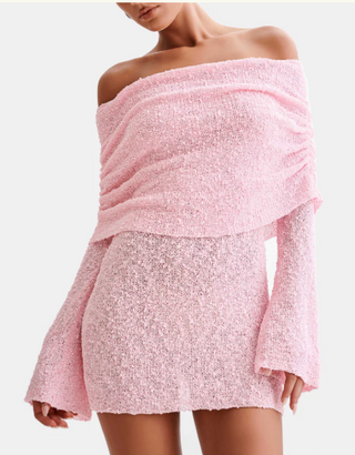 Meshki Marisol Off-Shoulder Boucle Bodycon Mini Dress Baby Pink Women's Size XS