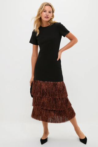 NWT Hyacinth House Metallic Fringe Francie Maxi Dress Black/Bronze Women's Large