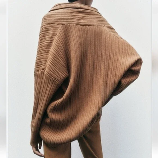 Zara Dolman Sleeve Cowl Neck Ribbed Oversized Pullover Sweater Toffee Camel Med