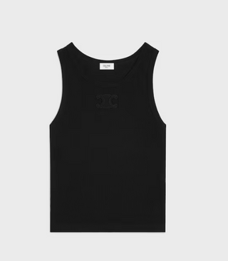 Celine Triomphe Ribbed Cotton Sleeveless Crew Neck Tank Top Black Women's Size S