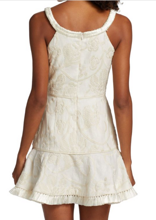 Alexis Ricci Embroidered Linen Raffia Trims Mini Dress Cream Women's Size Large