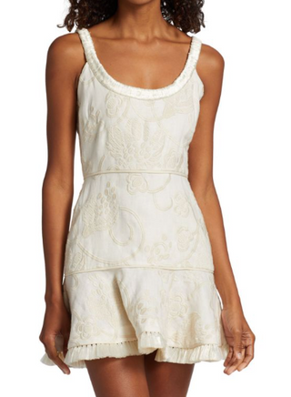 Alexis Ricci Embroidered Linen Raffia Trims Mini Dress Cream Women's Size Large
