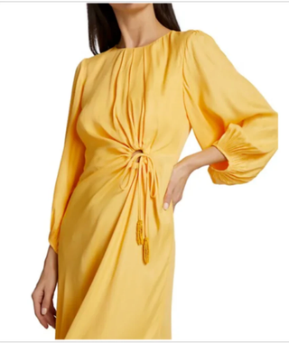Farm Rio Piping Cut-Out Satin Puff Sleeve A-Line Midi-Dress Yellow Women's XS