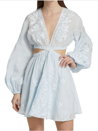 A.L.C. Irene Embroidered Cloud Ramie Cutout Mini Dress Ice Water Women's Size 10