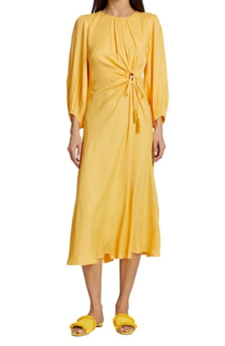 Farm Rio Piping Cut-Out Satin Puff Sleeve A-Line Midi-Dress Yellow Women's XS