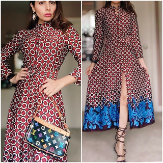 Zara Geometric 3/4 Sleeve Belted Tunic Midi Shirt Dress Brown/Blue Women's XS